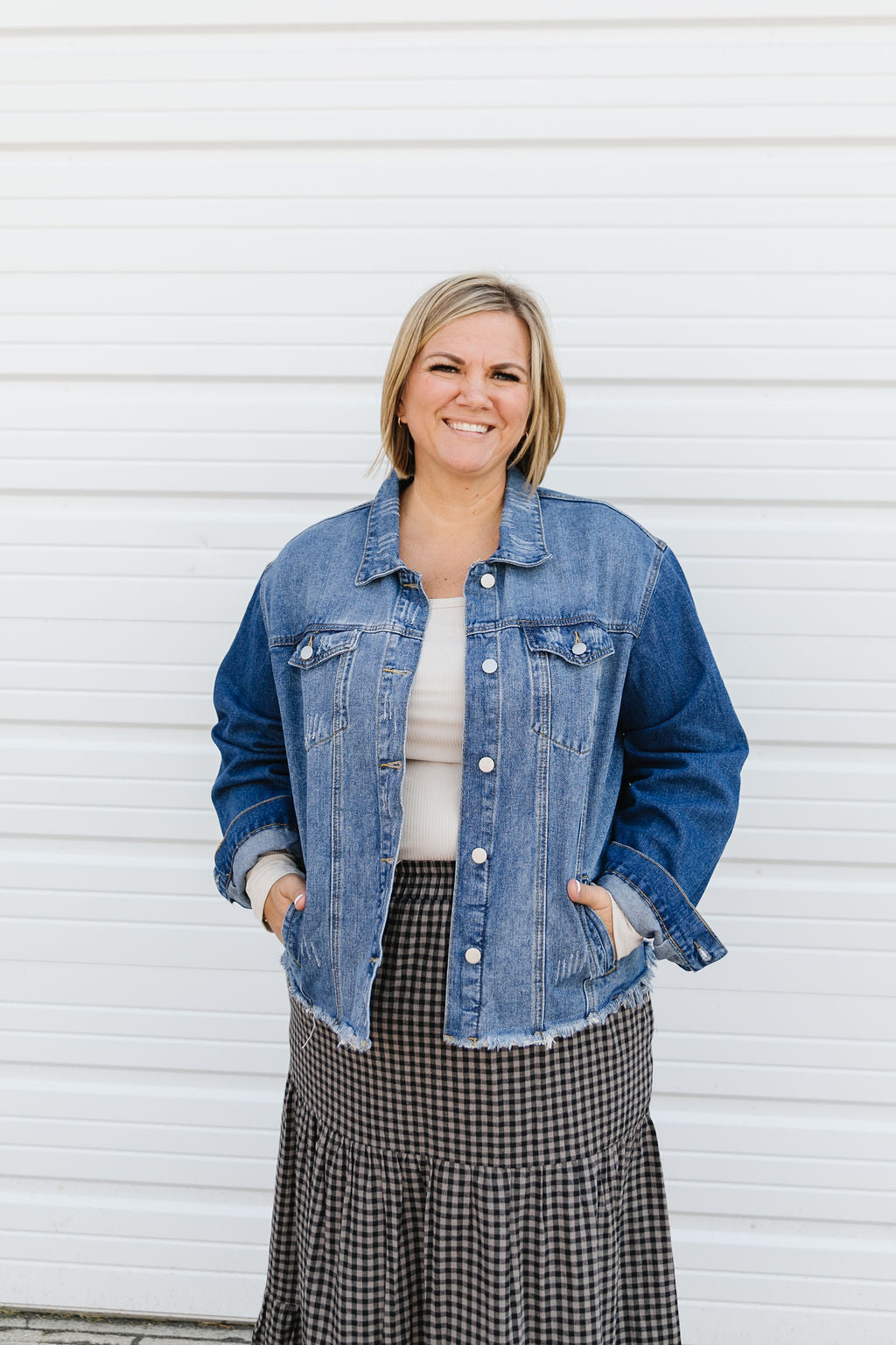 blue jean dress jacket Janice Denim *ALL SALES FINAL* it features a clean Color:Milky White Dark_Navy 👗🧠 Can you believe