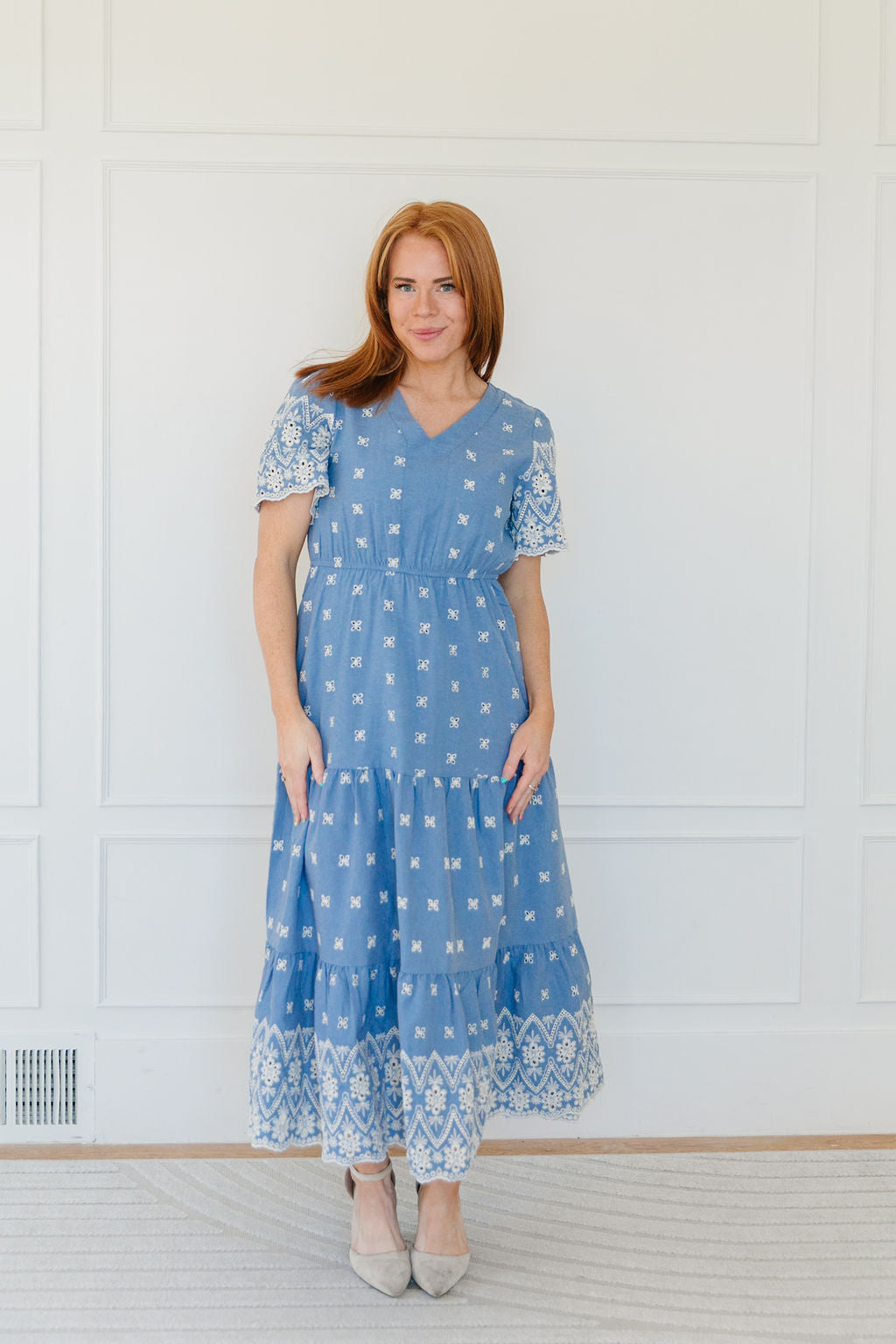 yasmin midi dress Discover the Yasmin Floral Appliqu Midi Dresswhere elegance meets  effortless charm. Perfect for weddings and smart-casual occasions, this  beautifully detailed piece features long blouson sleeves, a removable waist  tie with floral accents,