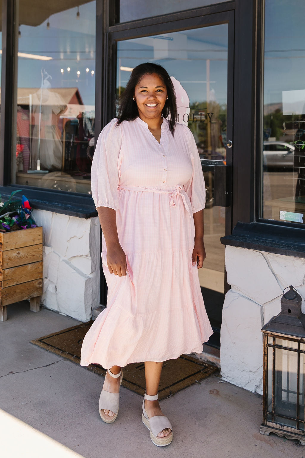 maxi modest dress and faux button detailing down the front Modest Fashion Long Dresses That