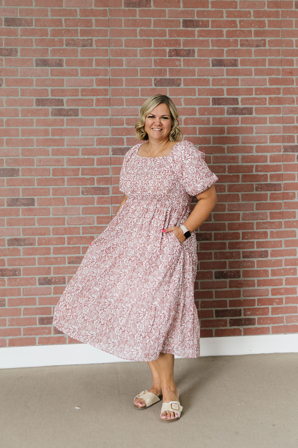 christmas dress midi Entro Plus Size Plaid Puff Sleeve with Waist Tie in Holiday Red Sydney is wearing the small. Christmas Dresses for Women Christmas